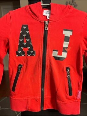 Armani Junior Red Hooded Zip Sweatshirt with AJ Graphic
